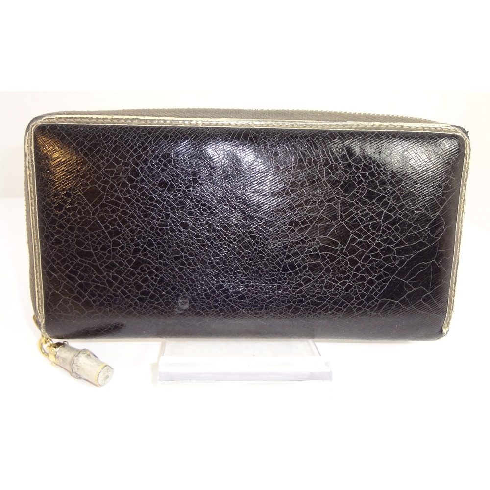 Gucci Black Wallet Textured‎ Bamboo Tassel Gold Metallic Leather Trim Zip-Around - Picture 2 of 10